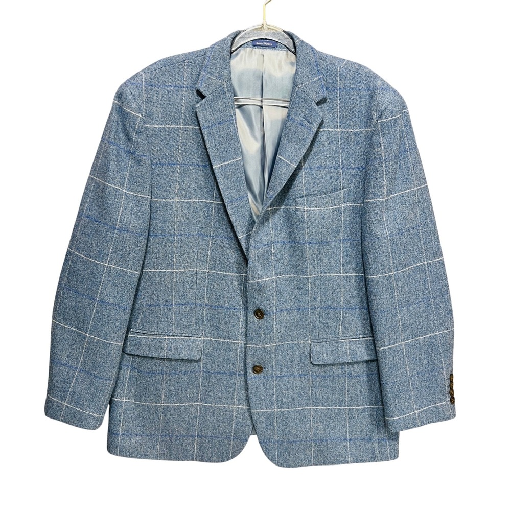 Samuel Windsor Tweed Blazer Jacket 44R Blue Herringbone Windowpane Wool Heritage